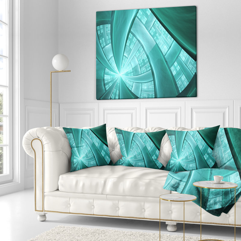 Tiges de plantes exotiques fractales - coussin imprimé abstrait, 18 po x 18 po, Bleu / vert, Coussin décoratif