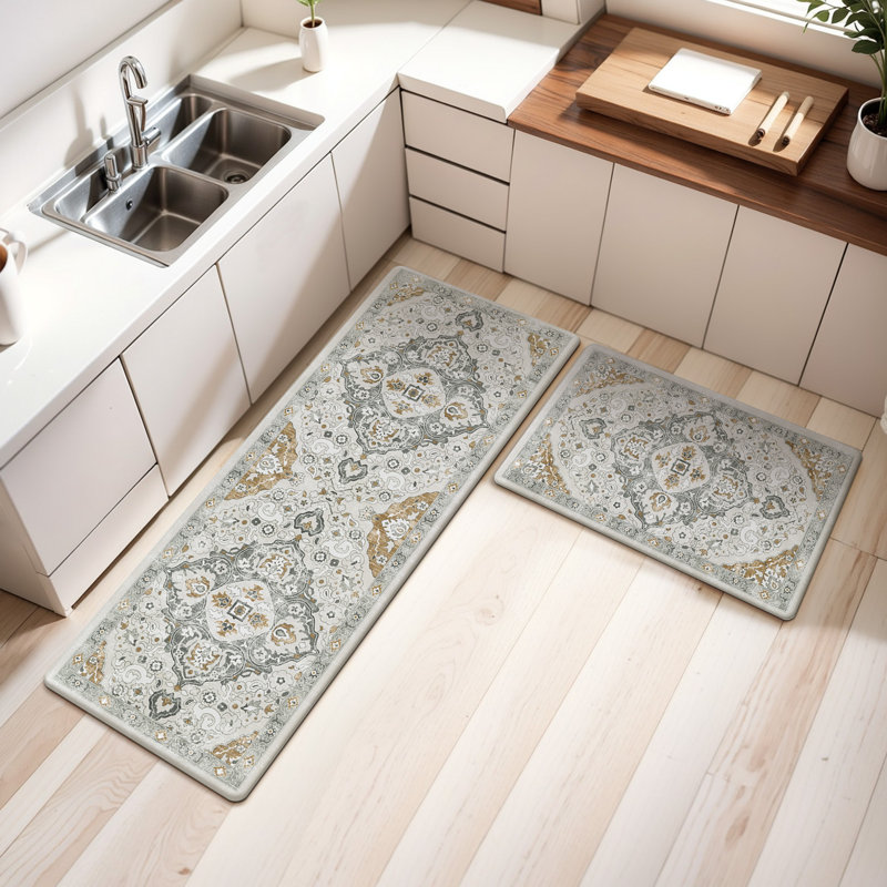 Jainiyah Anti-Fatigue Non-Skid Waterproof Kitchen Mat (Set of 2), Runner 18" x 30" + 18" x 48", Beige/Orange/Gray