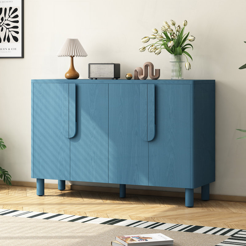 Console en bois avec poignées arquées uniques, tablettes réglables, Marine