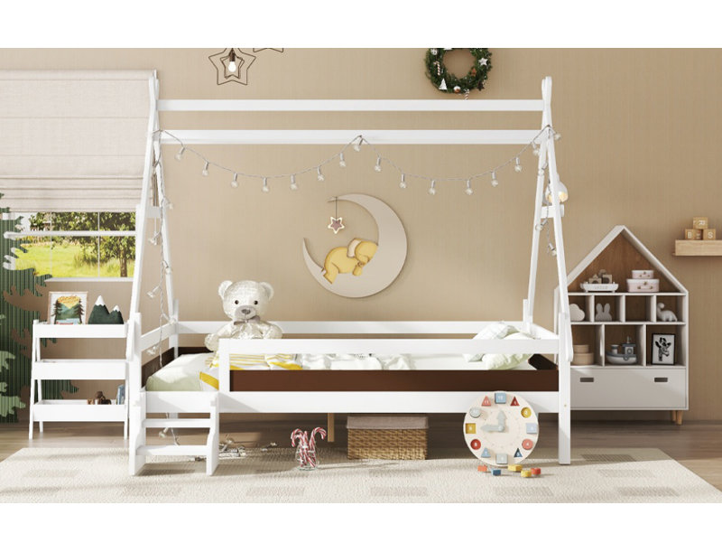 Lit plateforme double avec escalier, structure de lit simple en bois massif, profil bas et design amusant enfantin, blanc