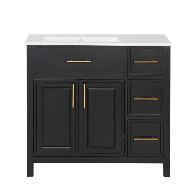 Meuble-lavabo de 36 po en bois massif avec lavabo, deux portes, trois tiroirs et panneau de fibres à densité moyenne durable pour un rangement efficace