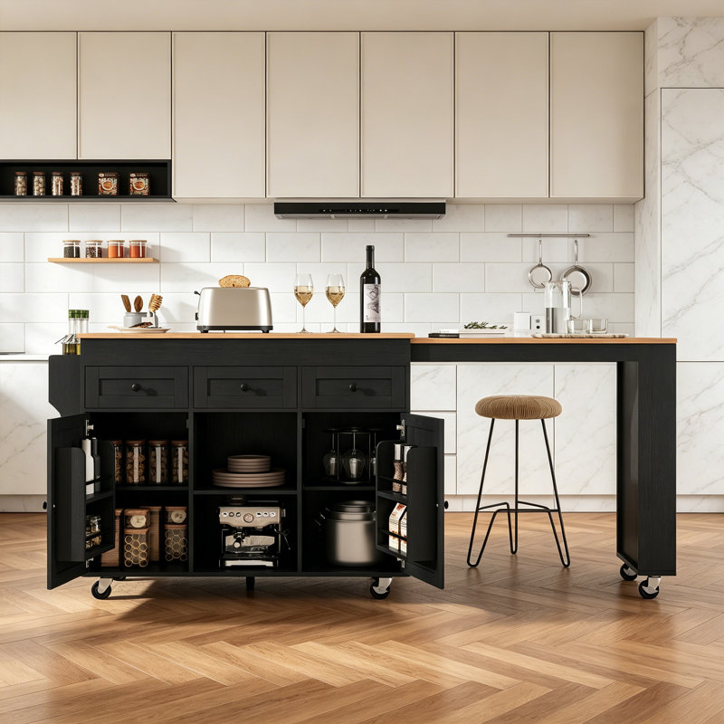 Kitchen Island With Extendable Dining Table, Black