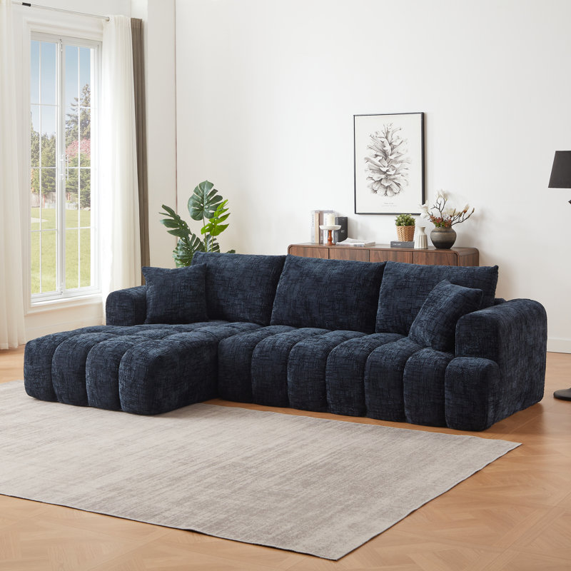 Chenille L-shaped Luxury Oversized Sectional Sofa – Minimalist Tufted Sleeper Couch For Living Room, Dark Blue Chenille