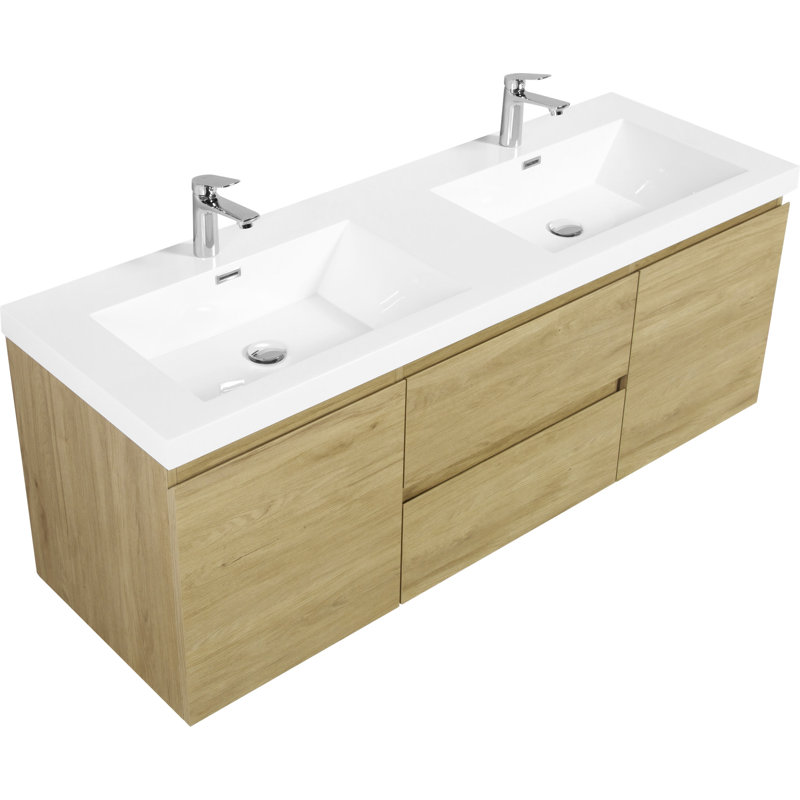 Meuble-lavabo flottant 60 po avec résine d'évier et tiroir, Chêne
