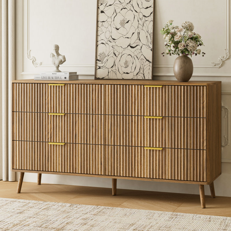 Commode double cannelée à 6 tiroirs pour chambre à coucher, commode moderne de 55,1 po avec tiroirs profonds, conception à profil courbé, organisateur de tiroir en bois pour le salon, le couloir, la chambre de bébé, le placard de couloir