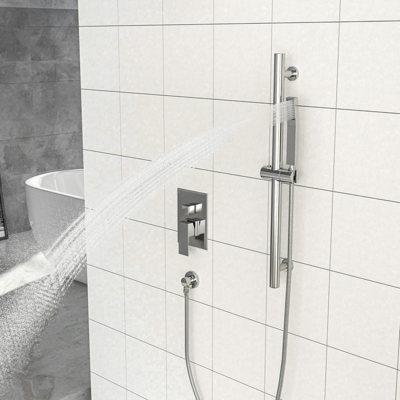 Brushed Nickel Shower With 12 Inch Square Head - Adjustable Slide Bar, -Balanced Valve & Handheld Detail Wall Mounted Feature