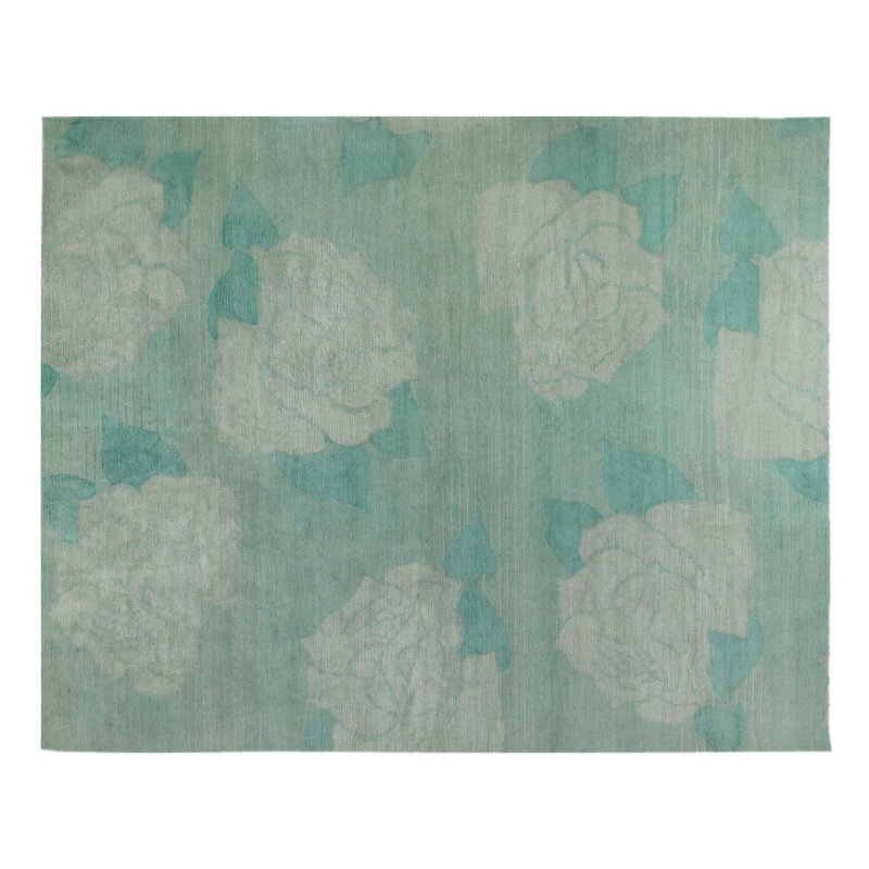 Lux Rose Floral Area Rug in Blue/Green/Gray, Rectangle 6' x 9'
