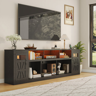 95" Farmhouse Tv Stand For Tvs Up To 100 Inch With Power Outlets, Large Media Console With Led Lights For Living Room