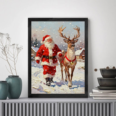 Black Framed Vintage Christmas Wall Art - Santa & Reindeer Festive Decor with Classic Oil Painting Aesthetic Framed Prints
