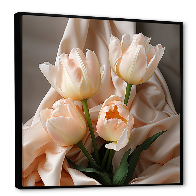 «Soft Neutral Tones Tulips Tranquility I», reproduction sur toile, Cadre flottant noir, H 16 po x l 16 po x P 1 po