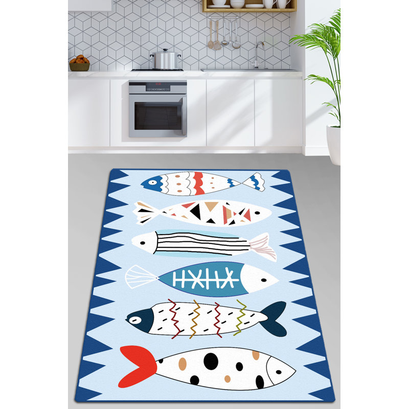 Sanders Handmade Polyester Blend Area Rug in Blue/White/Red, Rectangle 4'11" x 7'10"