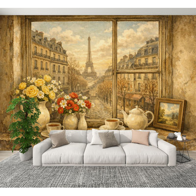 Papier peint à peler et coller vue de la Tour Eiffel de la fenêtre parisienne Vases muraux décoratifs rétro H 100 po x l 144 po Papier mural amovible en PVC auto-adhésif pour chambre à coucher, bureau à domicile