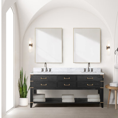 Marbre garni, 72 po L Meuble-lavabo double en chêne noir, armoire ouverte, quatre tiroirs, miroirs à fermeture en douceur, miroirs, maison