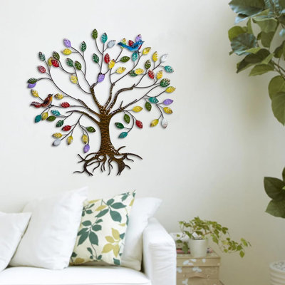 Décoration murale en métal arbre de vie pour salon | Sculpture murale colorée à motif d'arbres de vie, suspendue à la main pour l'extérieur (l 25,5 po x H 24,8 po)