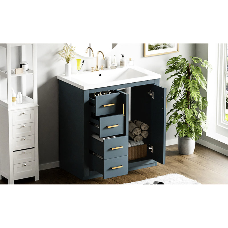 Ensemble de meuble-lavabo en céramique 30 po à 3 tiroirs et 2 portes à fermeture douce, Bleu, Doré