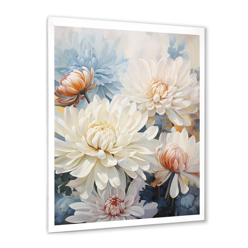 «White Mums In Blue Dream» sur toile, Cadre simple blanc, H 32 po x l 24 po x P 1 po