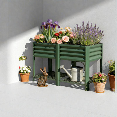 Spacious Green Steel Planter With Storage For Outdoor Gardens