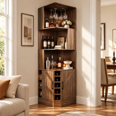 72'' Tall Corner Bar Cabinet with Wine Glass Rack, Farmhouse Liquor Storage Cabinet with Open Shelves and Doors