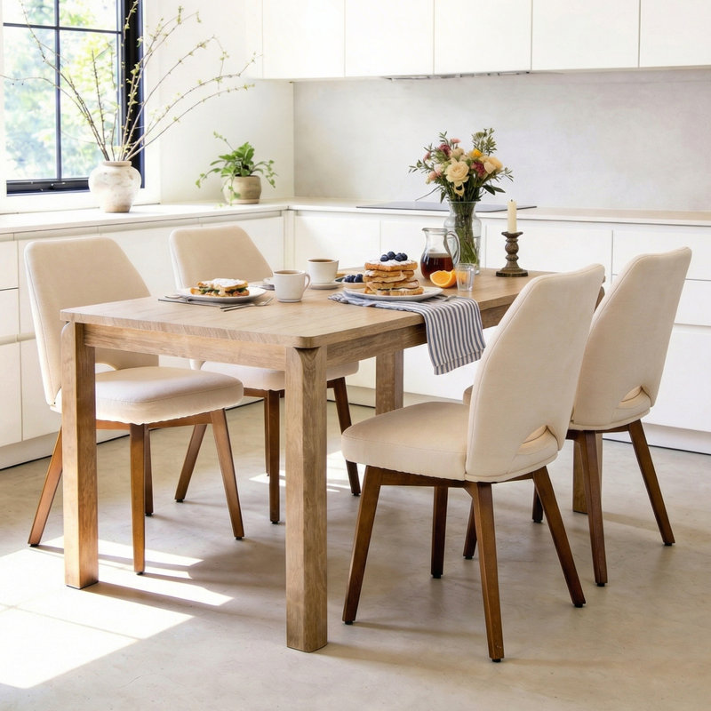 Dining Chairs Set Of 4, Modern Upholstered Kitchen Chairs With Unique Cutout High Back & Wood Legs, Comfortable Fabric Side Chair For Dining Room, Living Room Beige