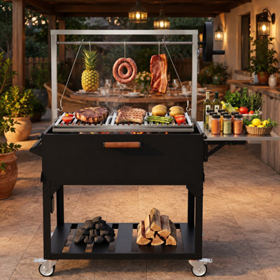58.3" Argentine Santa Maria Freestanding Charcoal & Wood Fired BBQ Grill with Adjustable V-Grate and Side Table