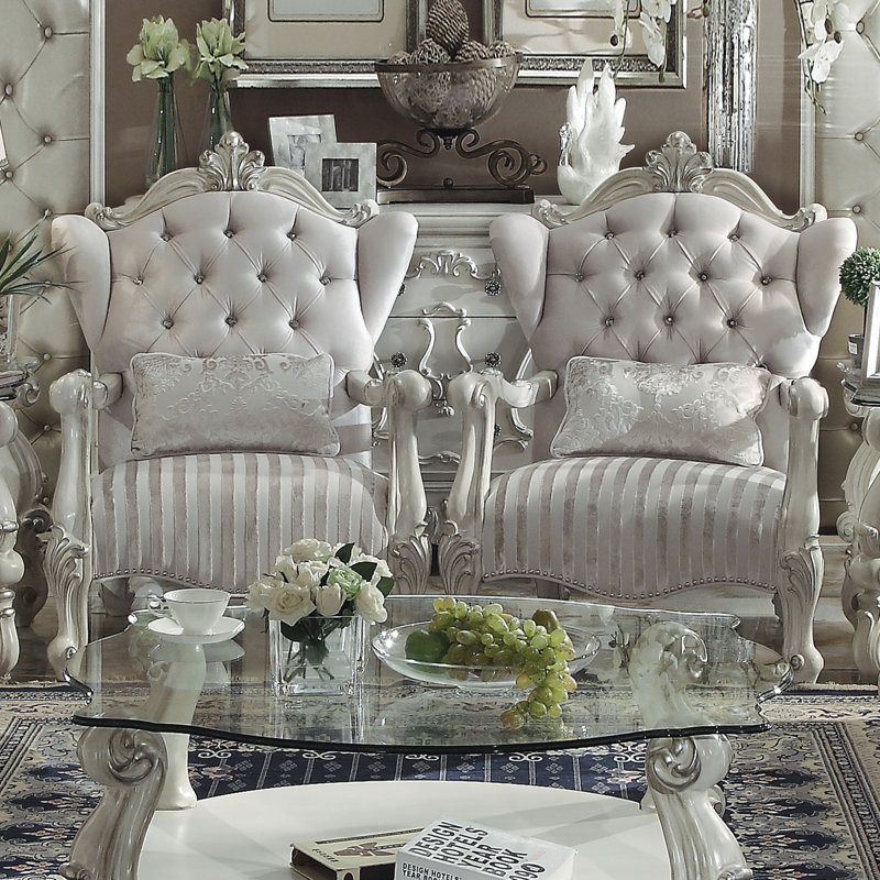 Fauteuil à oreilles 83,82 cm Versailles, Velours ivoire, Blanc