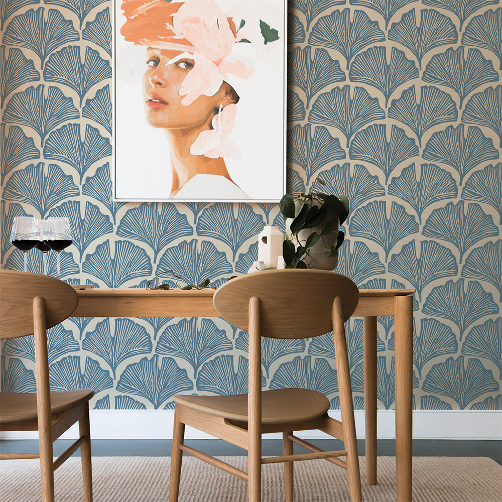 Novogratz Feather Palm Self-Adhesive Wallpaper Roll, Light Blue/Off-White