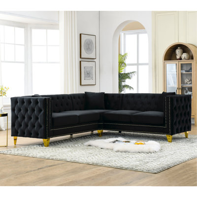 Salon en velours 5, canapé modulaire en L pour chambre à coucher, appartement, bureau, canapé de luxe avec pieds en métal et stabilité, 3 coussins de 82,2 pouces, chambre, look chic