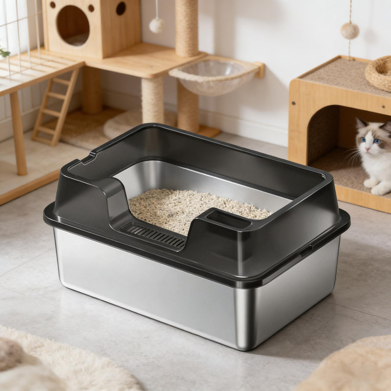 Litière en acier inoxydable avec couvercle pour gros chats, y compris pelle, 10.62" H x 23.62" W x 15.74" D, Noir/gris