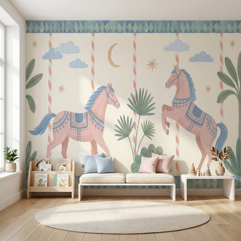 Décoration murale amovible géométrique papier peint à motif de chevaux fantaisistes, 140"x108", Peler et coller
