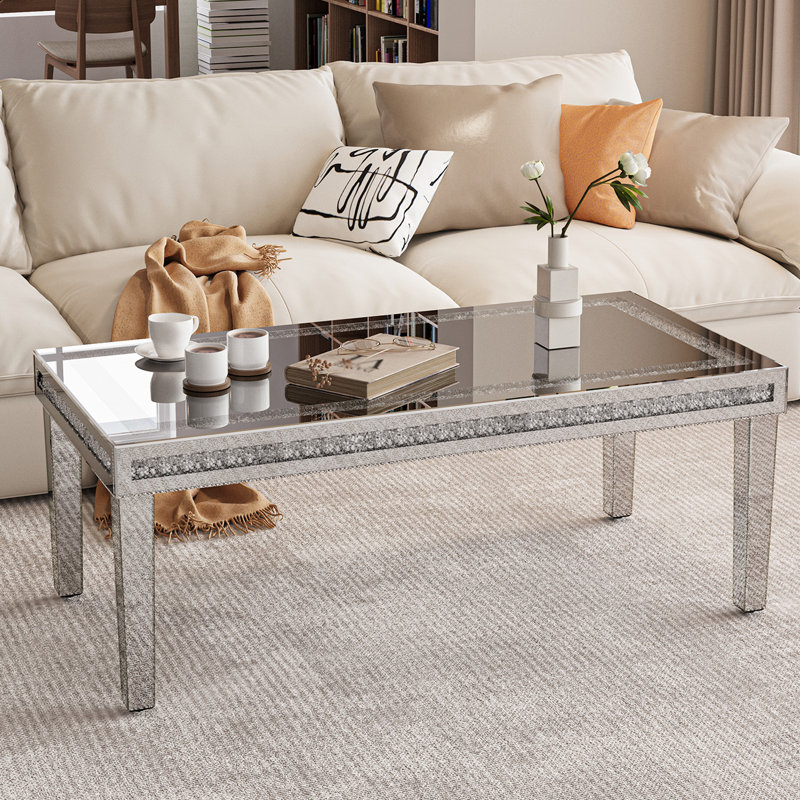 Four Leg Glass Coffee Table Diamonds Mirrored Top Center Table 120x60cm