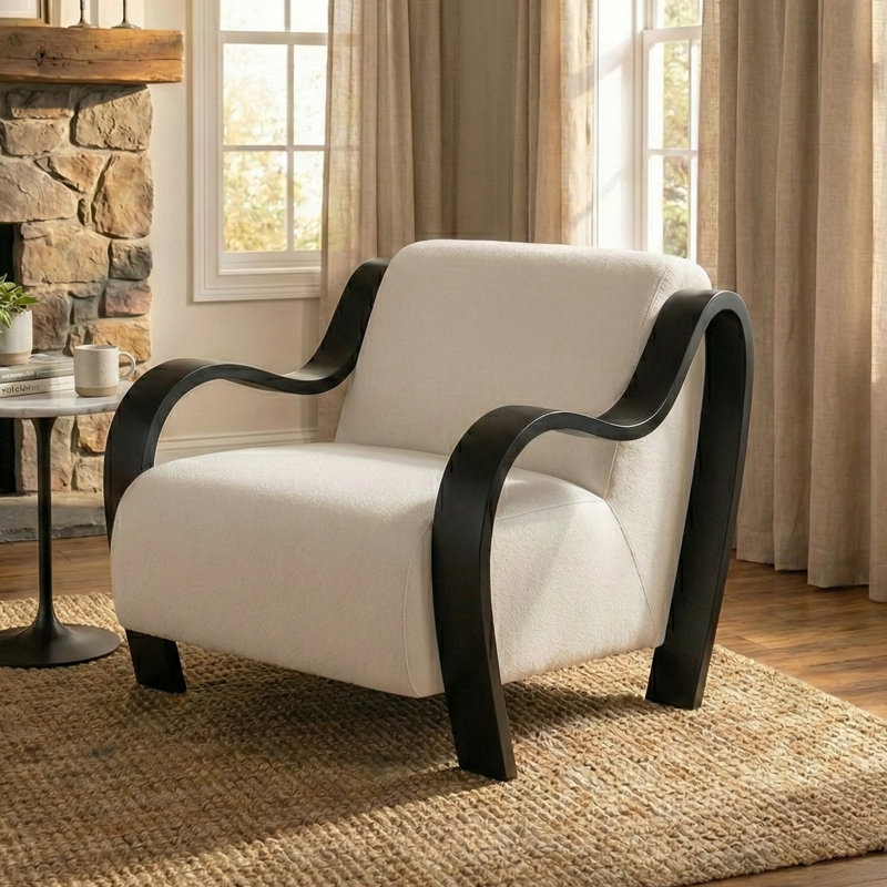 Fauteuil d'appoint Curva Luxe Boucle avec revêtement crème et accoudoirs en bois noir mat, fauteuil Mid-Century, Crème