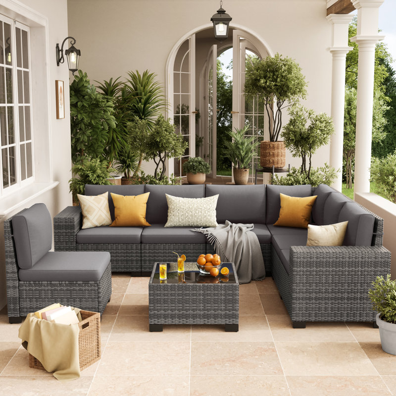 7 - Person Wicker Outdoor Modular Sectional Seating Group with Cushions, Dark Gray Cushion/Gray Frame, 8 pcs: Table, 7 Chairs