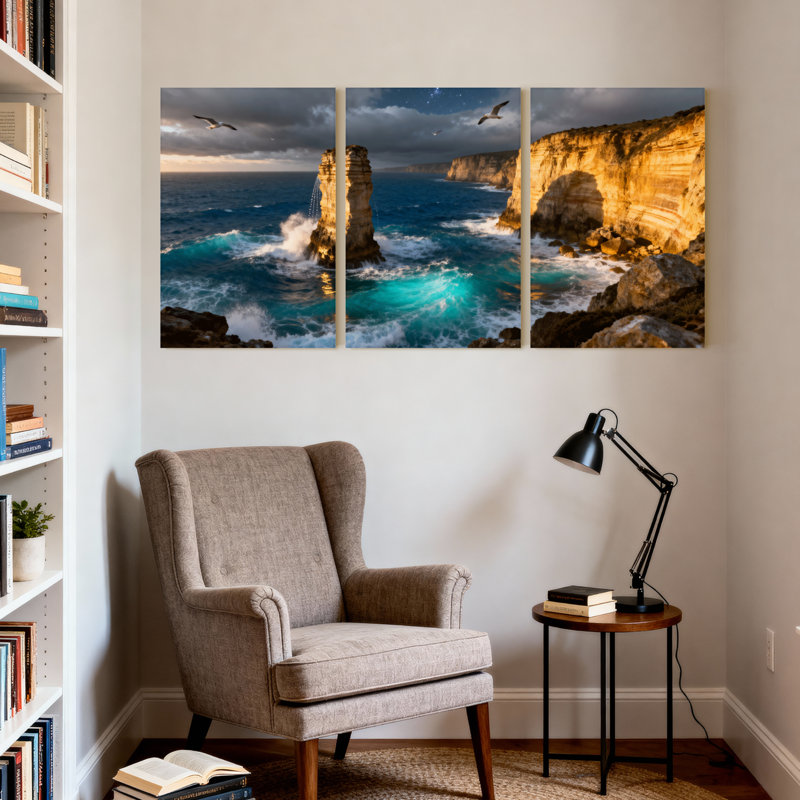 Scénario et paysages urbains, vagues océaniques, falaises rocheuses, oiseaux du ciel, coucher de soleil, réflexion sur la lumière, ensemble de 3 impressions sur toile