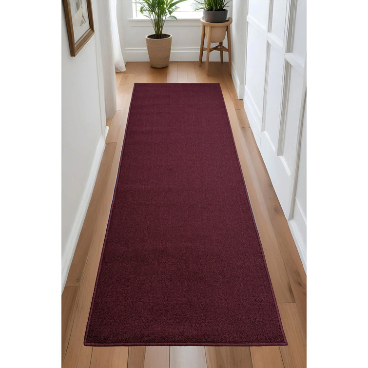 Custom Size Anti Slip Machine Washable Low Profile Plain Burgundy Runner Rug