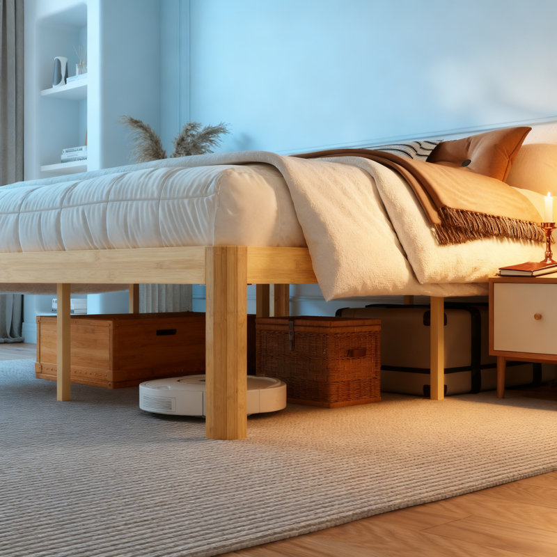 Structure de lit plateforme en bambou de 18 po de hauteur avec bois massif et métal, support robuste, aucun sommier tapissier requis ， Plusieurs tailles disponibles