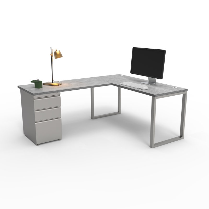 The City, Modern L-Shaped Office Desk for Office and Home, Grey Oak Top with Brushed Silver Frame, Gray Oak/Silver