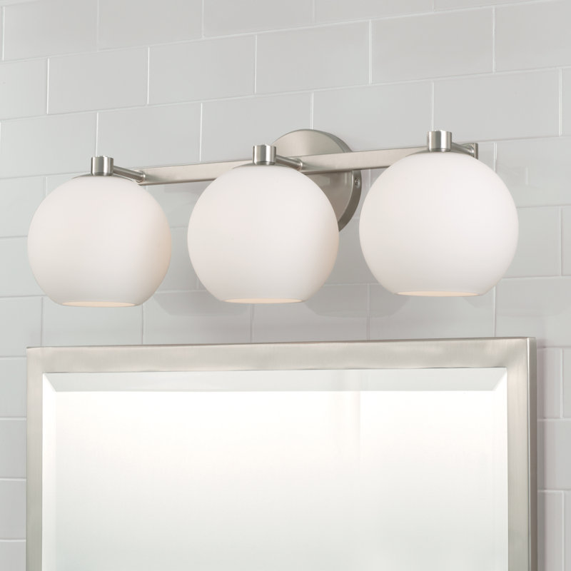 Brushed Nickel 3-Light Vanity with Soft White Glass Shades