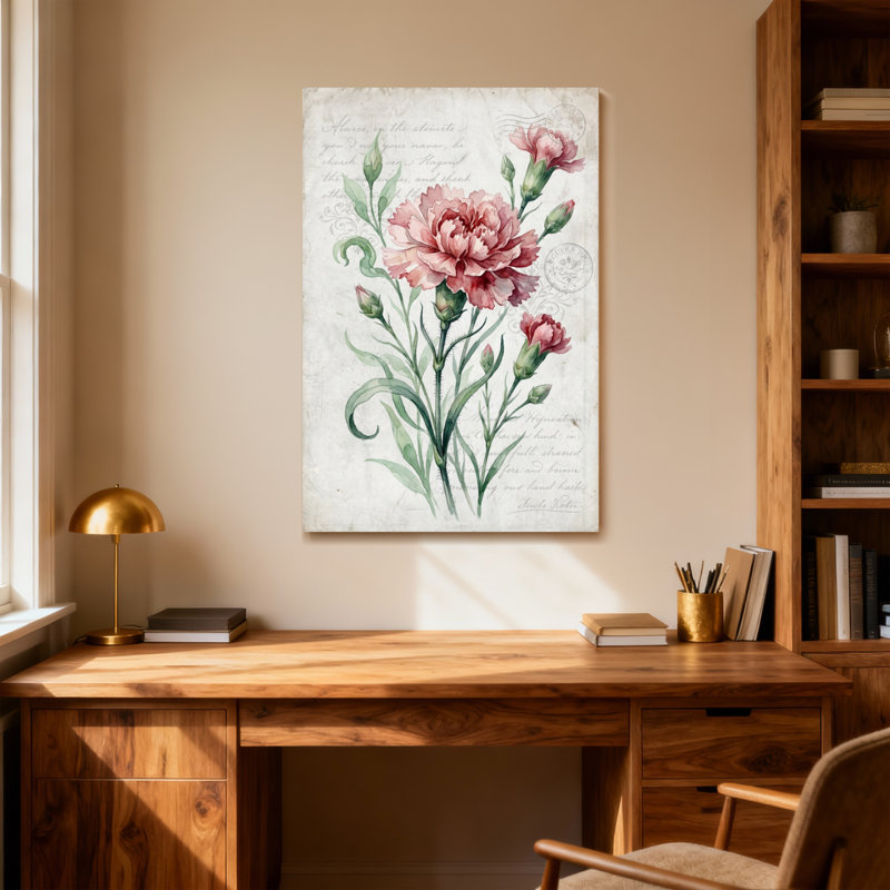 Plantes et fleurs, œillets roses, fond floral, H 16 po x l 24 po