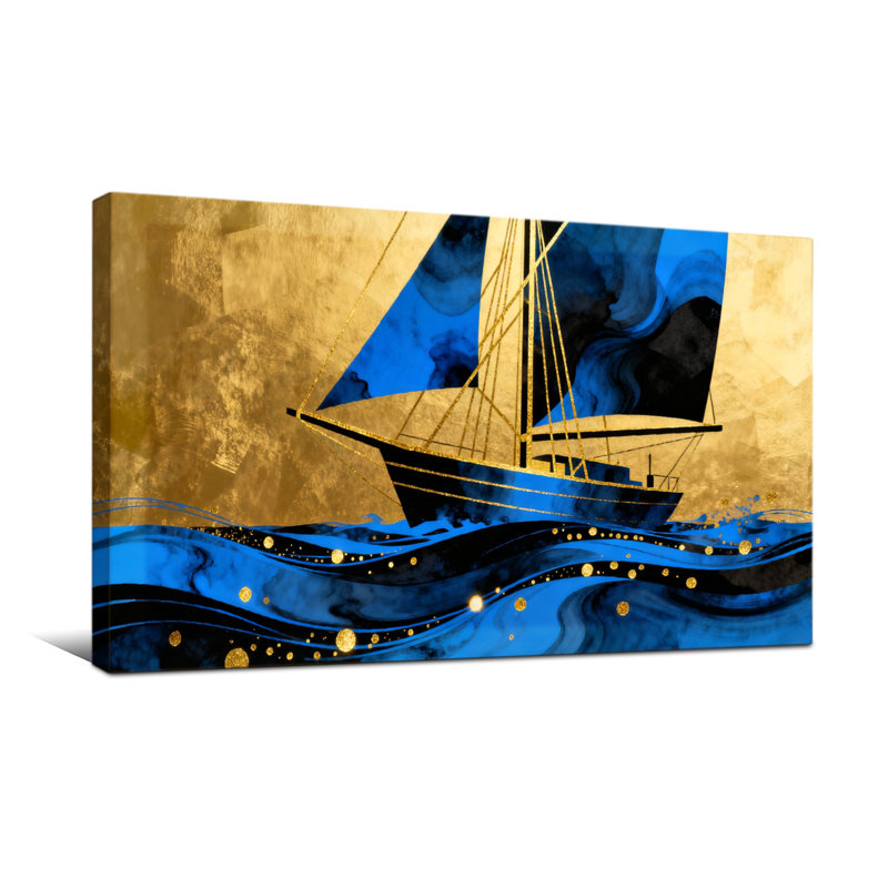 Voilier doré nautique et de plage sur des vagues bleues avec des accents dorés, H 16 po x l 32 po