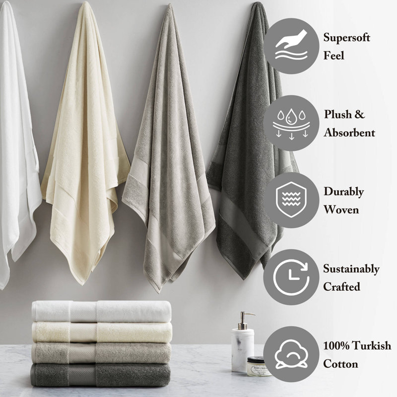 Turkish 100% Cotton Oversized Quick Dry Highly Absorbent Towel Set, Gray, 6 Piece Towel Set