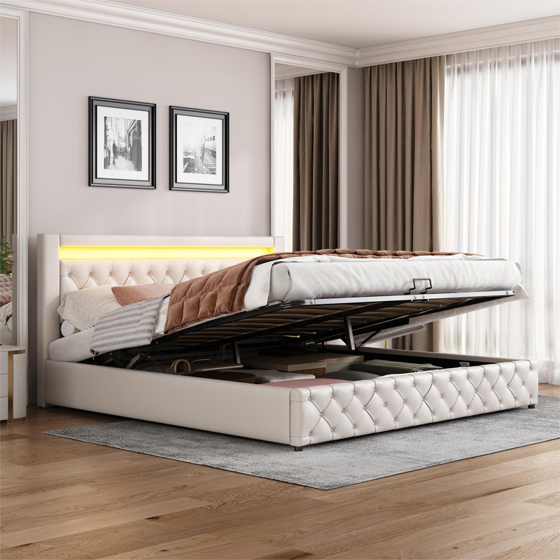 Boyertown Upholstered Faux Leather Lift Up Storage Ottoman Bed, Super King (6'), White
