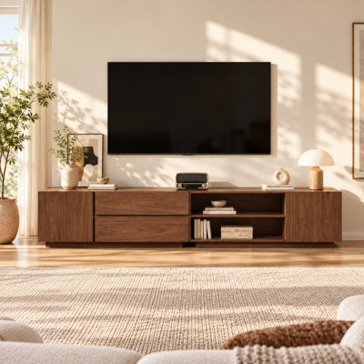 Meuble télé extra large de style moderne du milieu du siècle (94 po) pour téléviseurs jusqu'à 100 po, console multimédia en noyer avec tiroirs et armoires de rangement