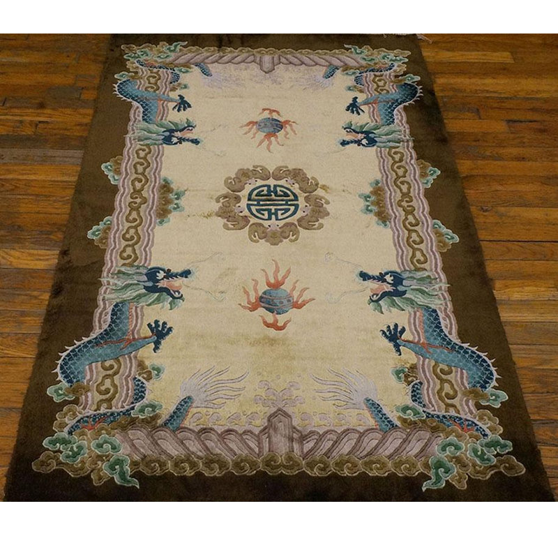1980s Beige Dragon Vintage Silk Chinese Carpet 3' x 5'2" Handknotted Pile Rug