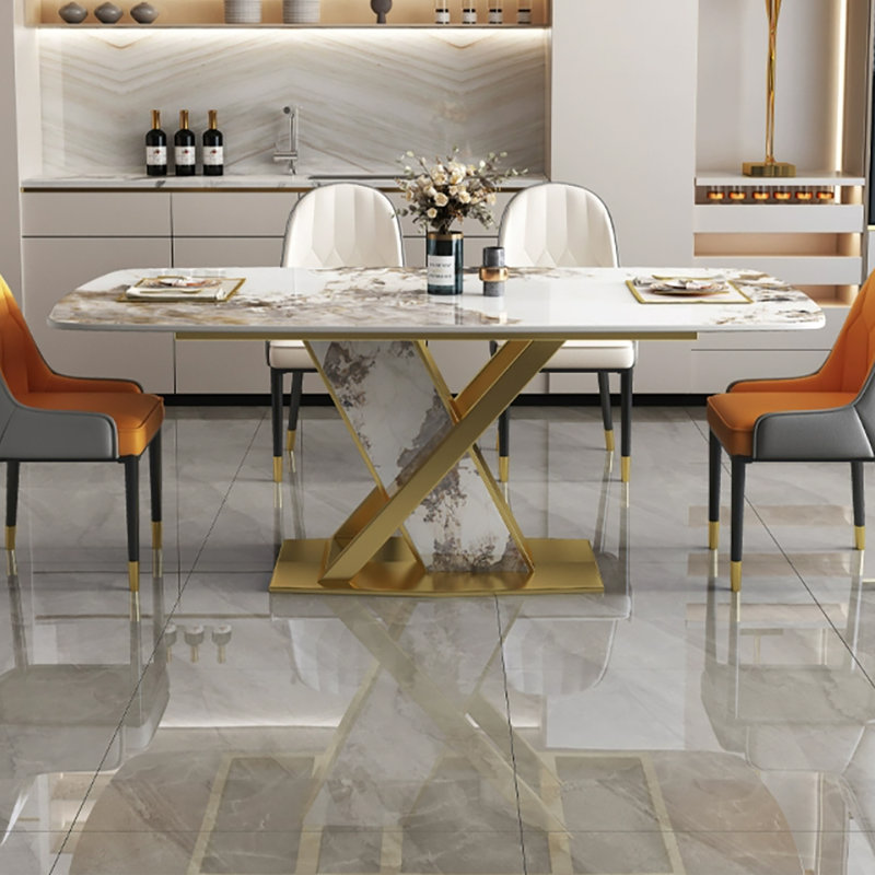 Rayeanna 71'' L Modern Luxury Rectangular Sintered Stone Top Dining Table for 6, Gold Stainless Steel Base