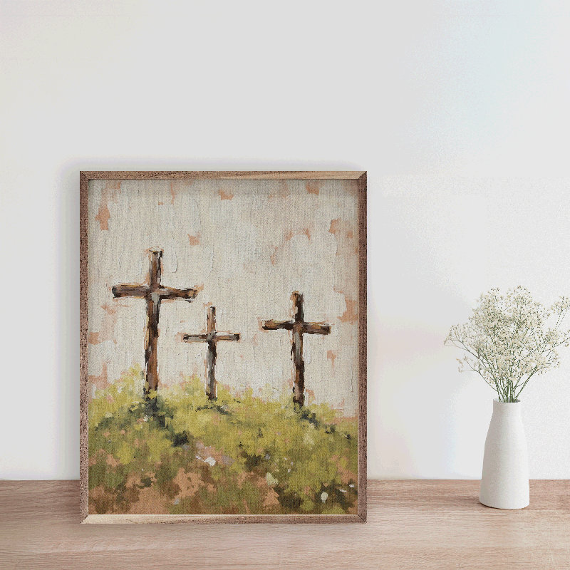 Trois croix sur une pelouse, H 10 po x l 8 po
