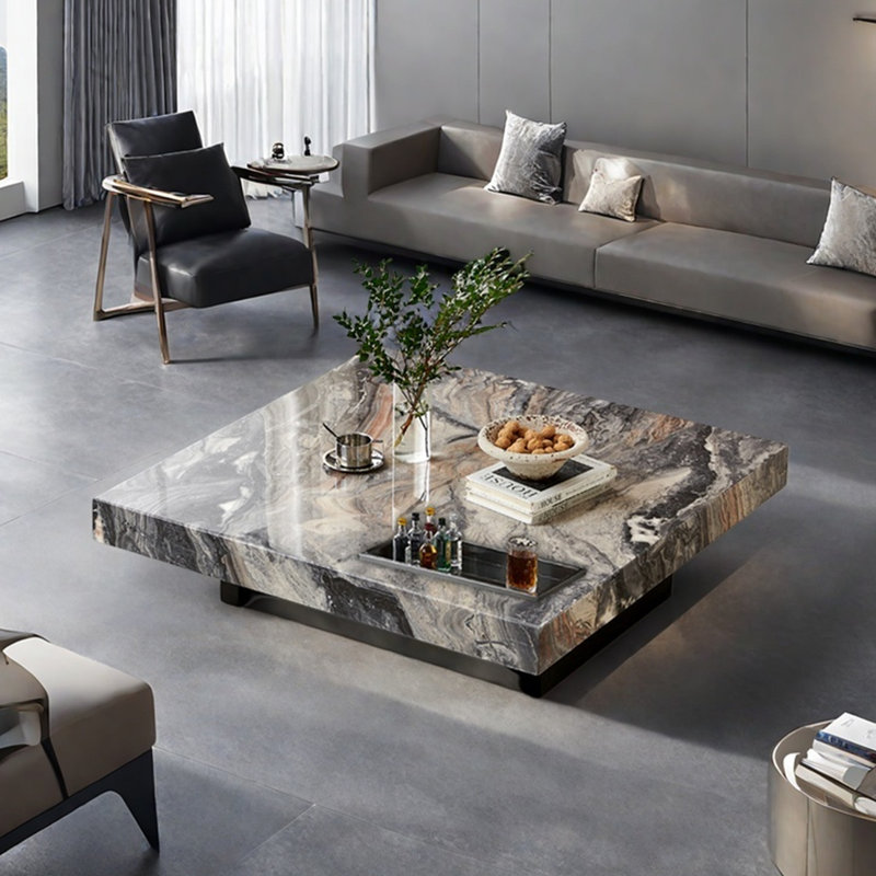 Simple square marble coffee table, 13.8" H x 43.3" L x 43.3" W