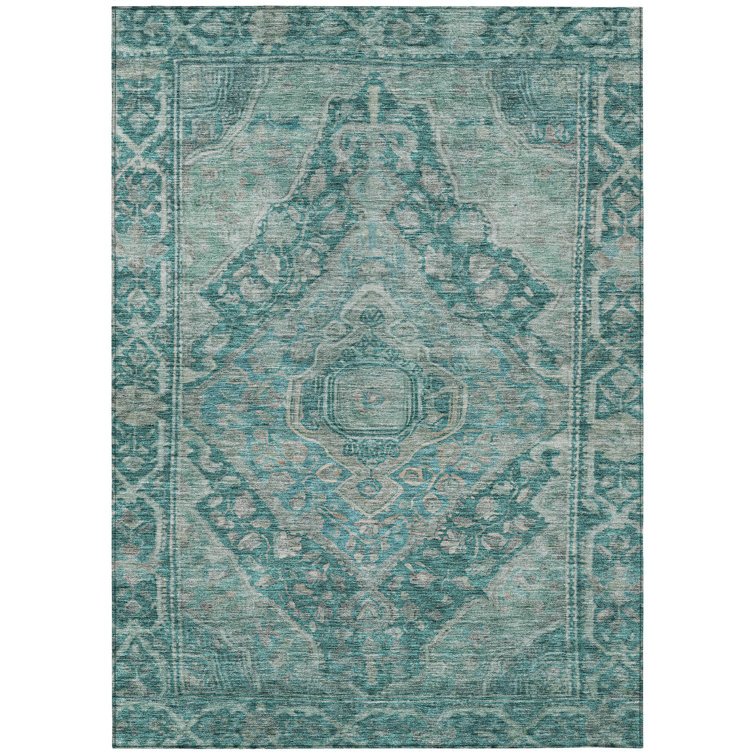 Machine Washable Indoor/Outdoor Xhevrie Teal Rug