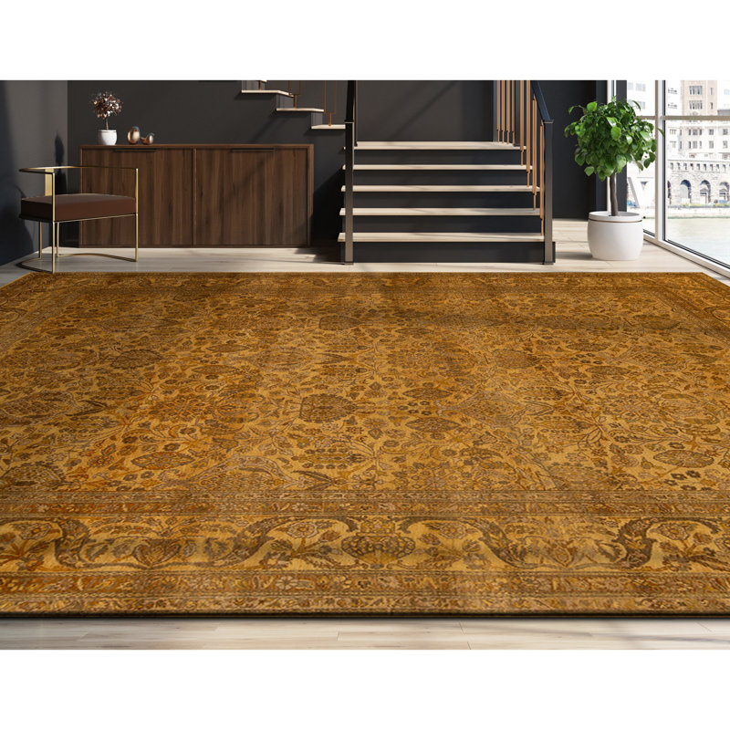 Hand Knotted Wool Area Rug in Gold