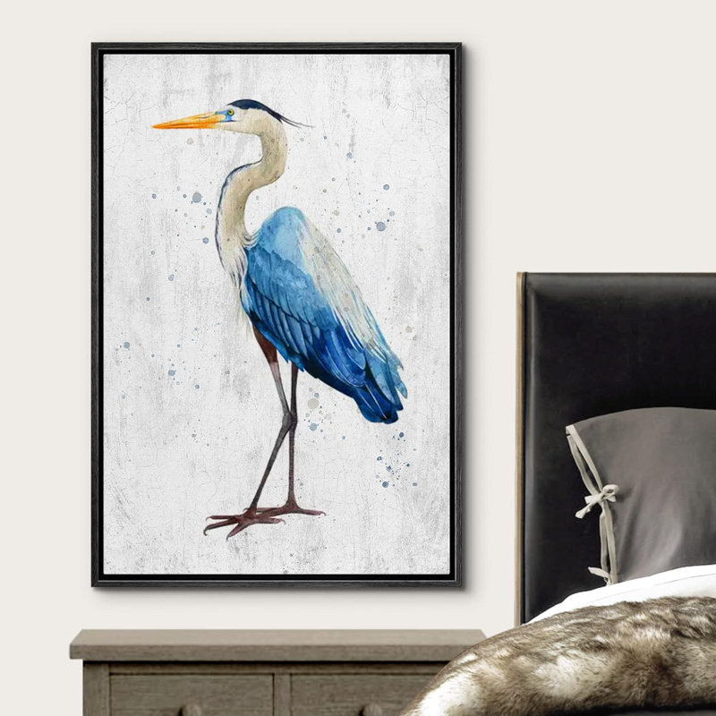 Blue Heron, oiseau sur toile, H 24 po x l 16 po x P 1,5 po, Cadre flottant noir