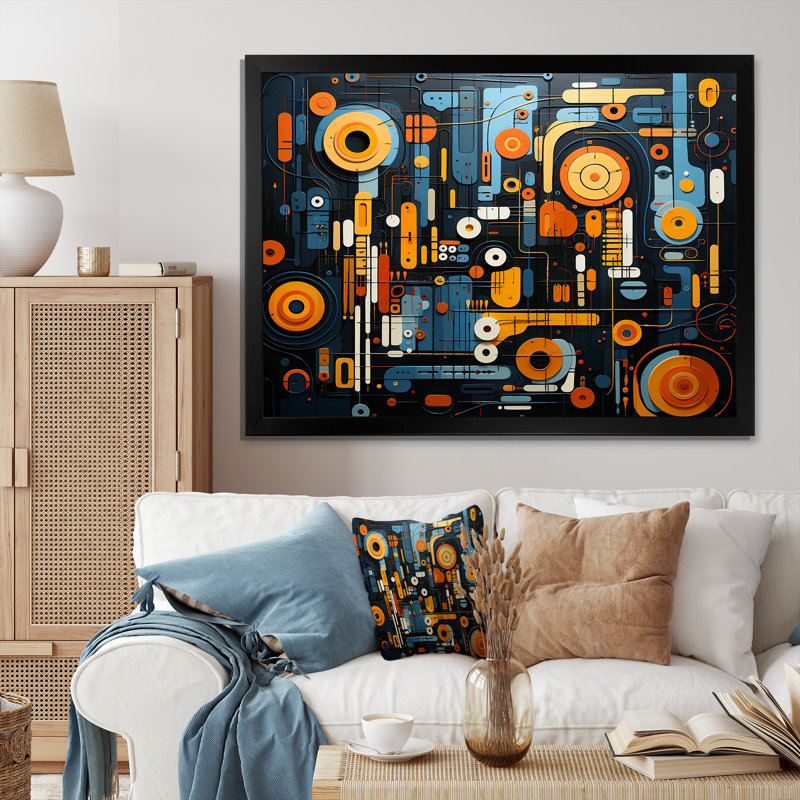 «Blue and Yellow Dynamic Abstract Shapes Fusion II», art mural abstrait, Cadre d'angle fermé noir, L 12 po x H 20 po x P 1 po